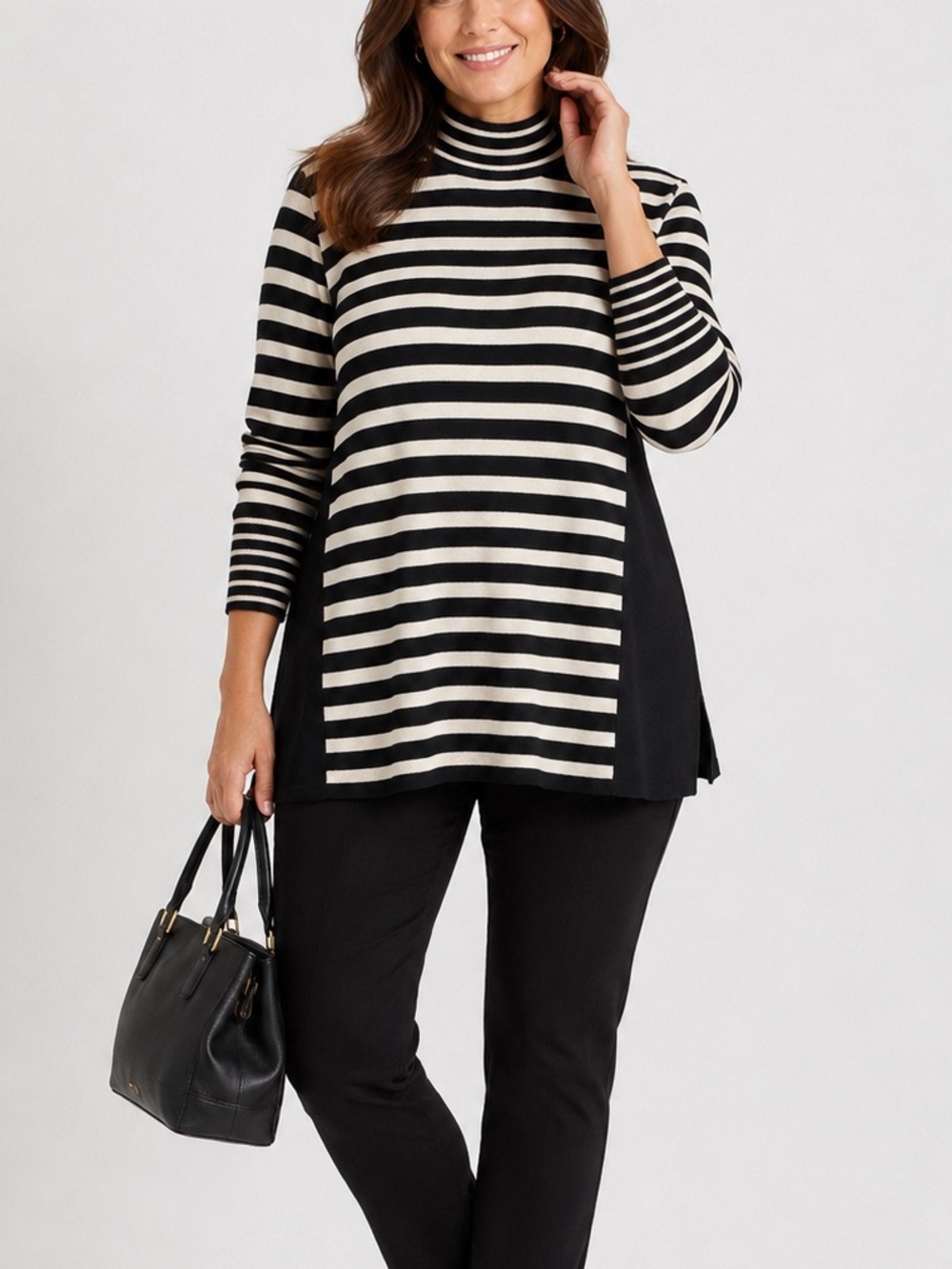 Susan Graver Striped‎ Mock Neck Sweater Tunic Black Cream Button Back Large Chic
